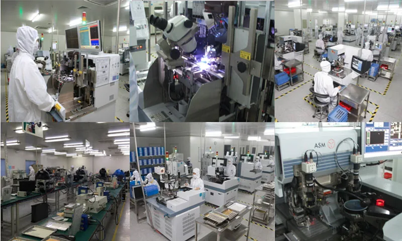 Cleanroom LED chip production line with microscopes and die-bonding machines at the LightrixTech factory